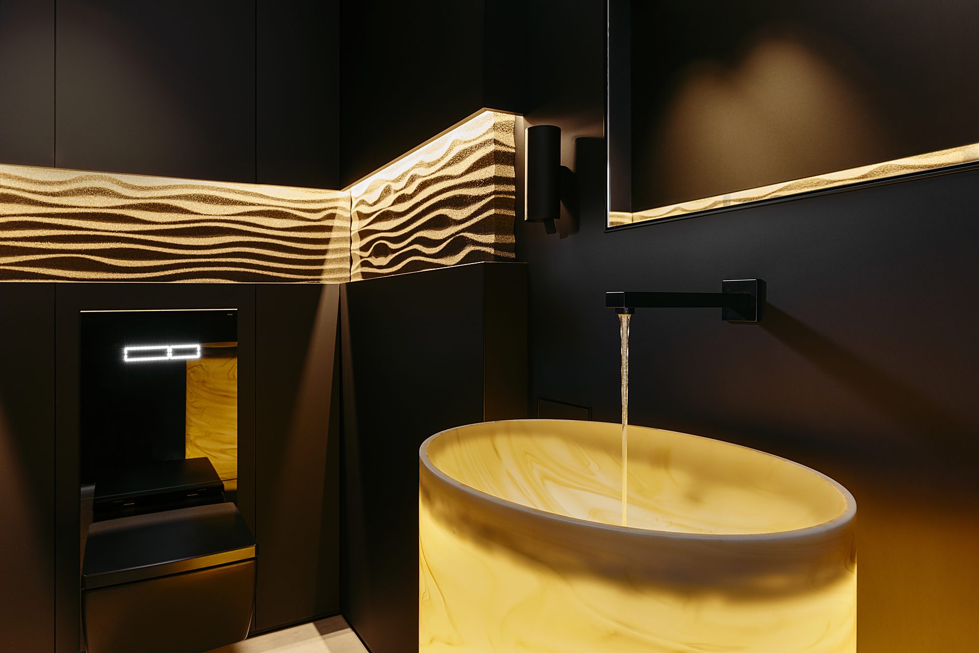 Gäste-WC: ein leuchtendes rundes Becken aus Mineralwerkstoff mit laufendem Wasser, Licht wie Wellen an der dunklen Wand