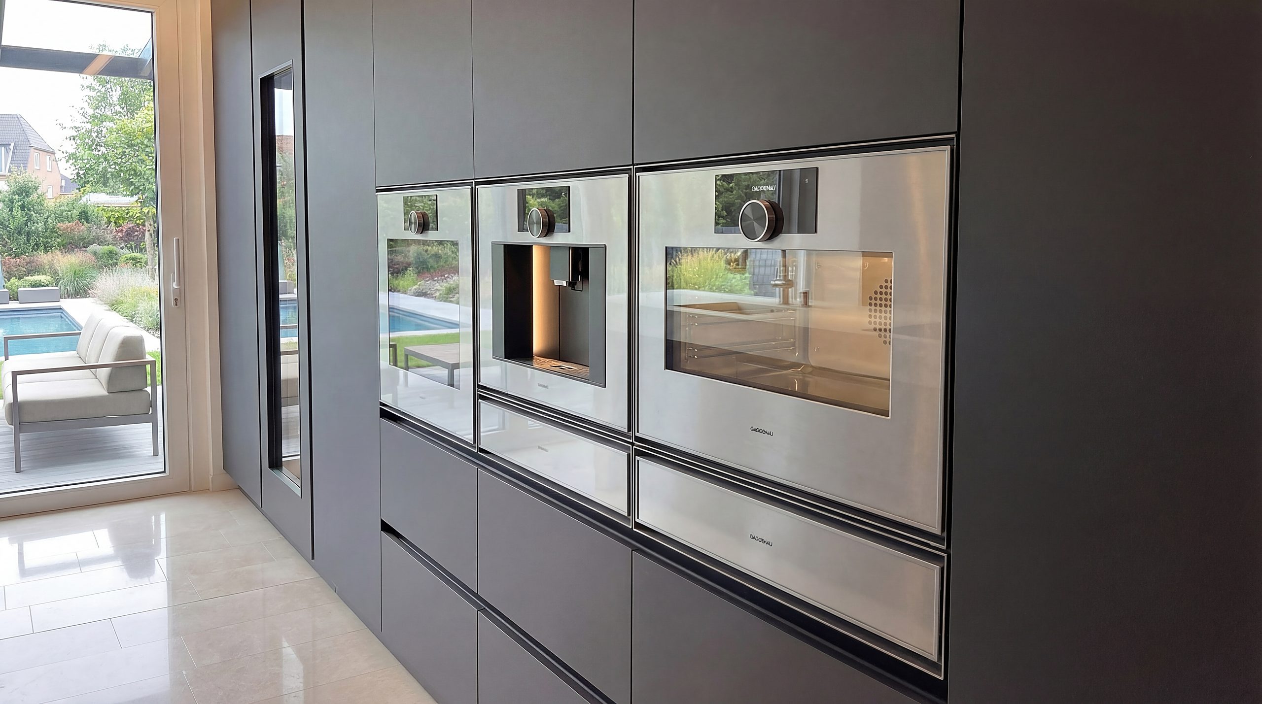 Gerätewand aus Nussbaum mit bündig eingelassenen Gaggenau-Geräten auf einer Linie