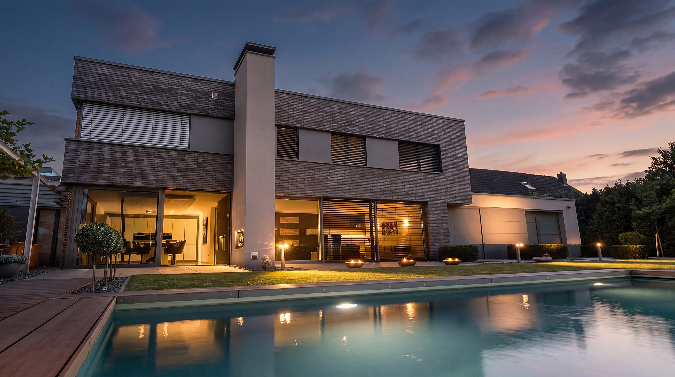 Haus am Abend: warmes Licht fällt aus den Wohnräumen in den Garten, davor spiegelt ein Pool den Himmel